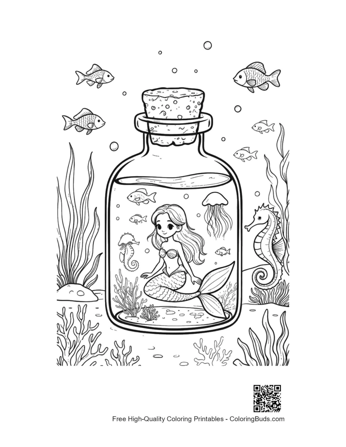 Adorable mermaid princess in sea glass bottle printable