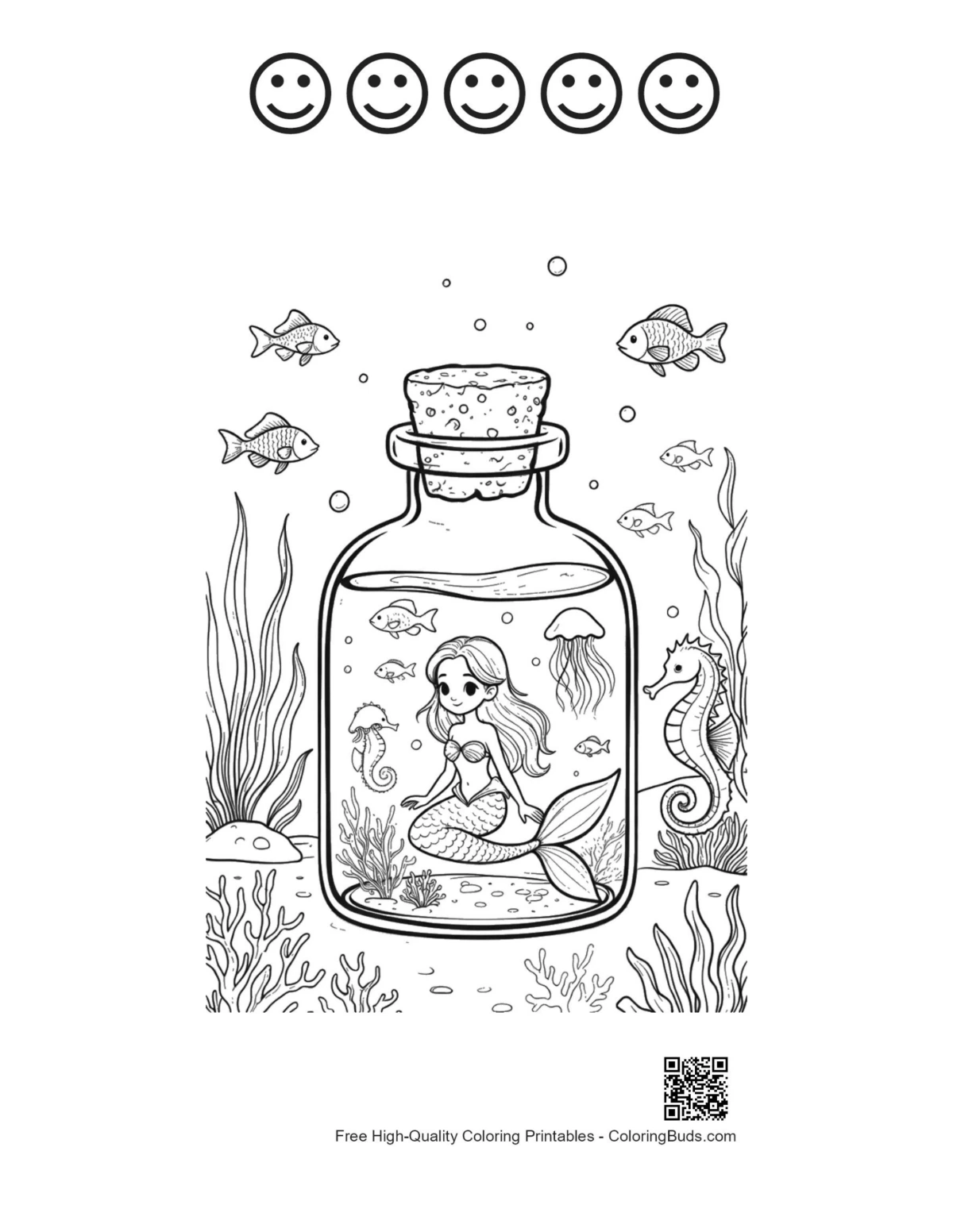 Cute mermaid glass bottle with happy faces printable