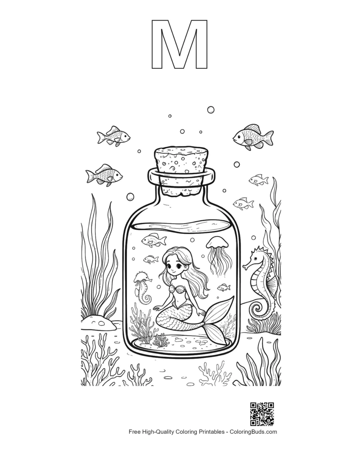 Mermaid princess sea bottle with alphabet M outline