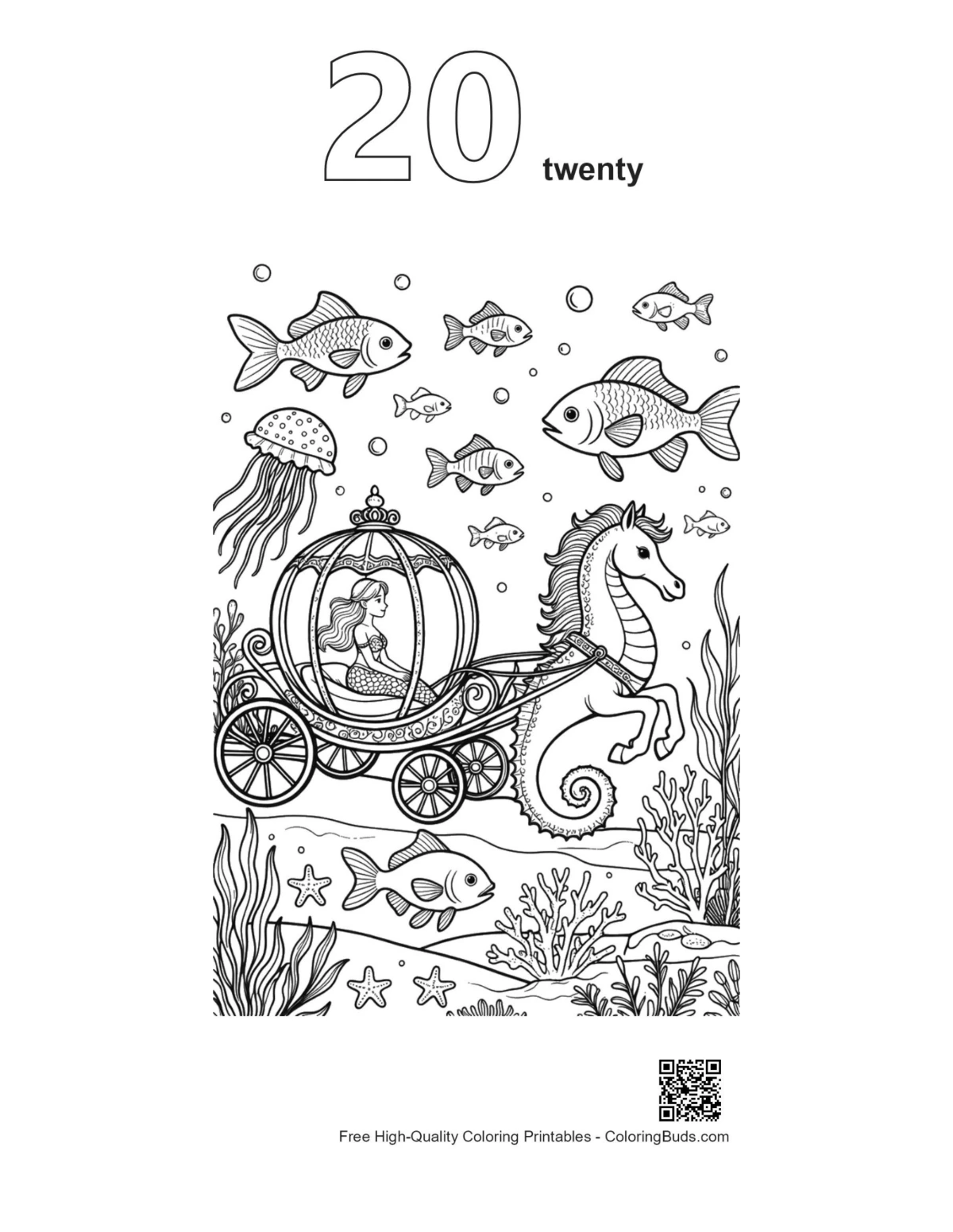 Mermaid princess seahorse carriage outline number 20 coloring