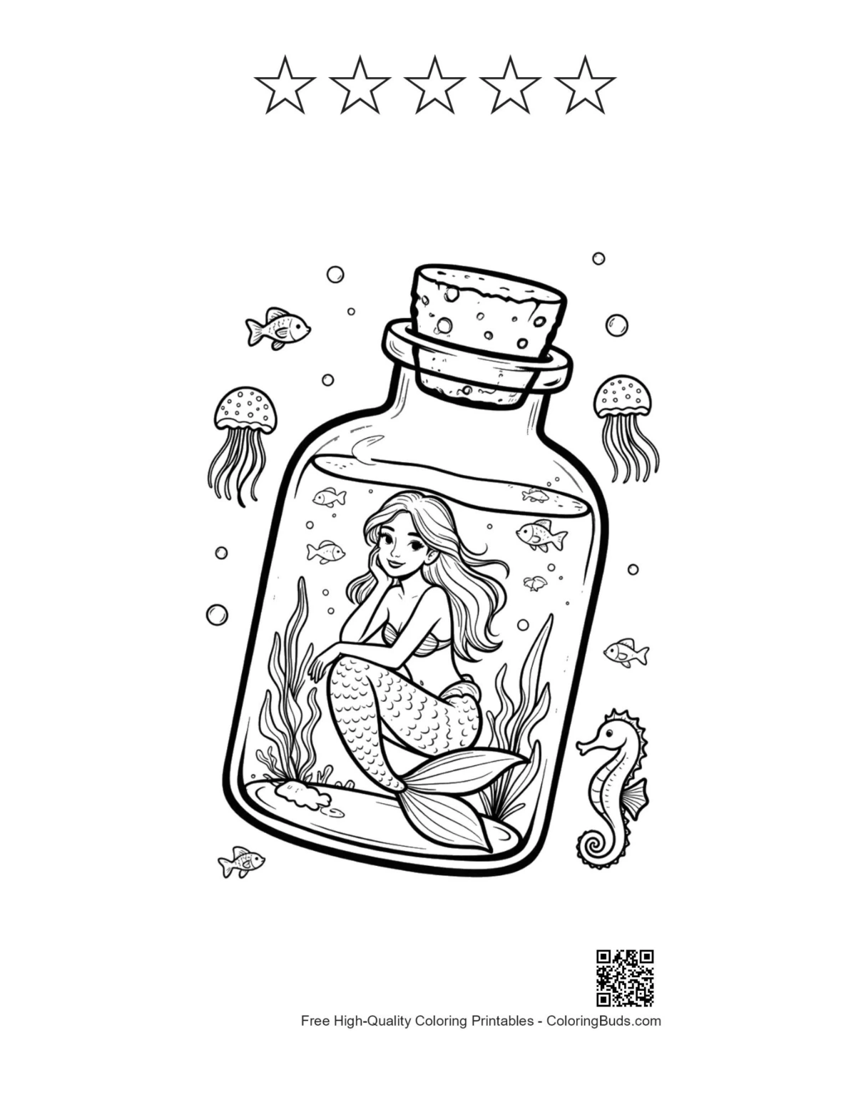 Mermaid princess coloring page with 5 star outlines