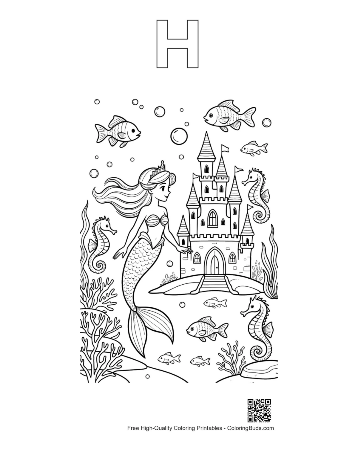 Mermaid coloring outline with alphabet H palace printable