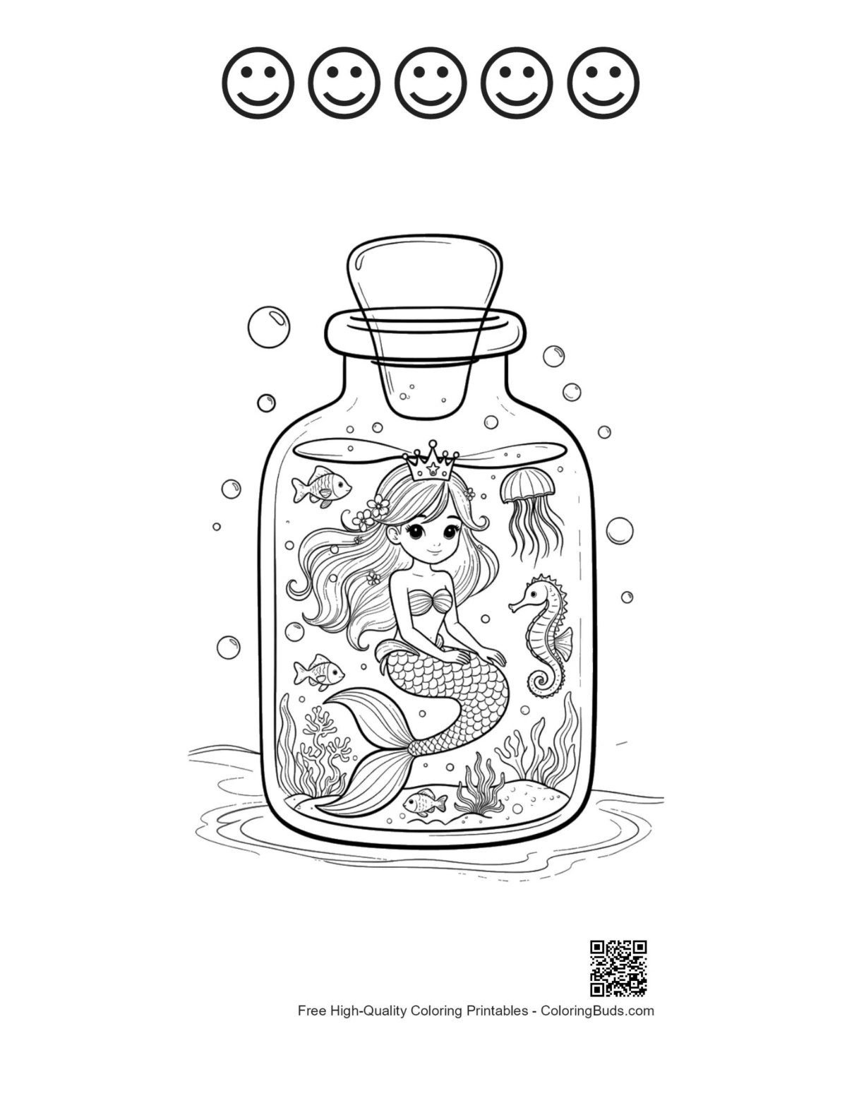 Cute mermaid princess with happy faces outline