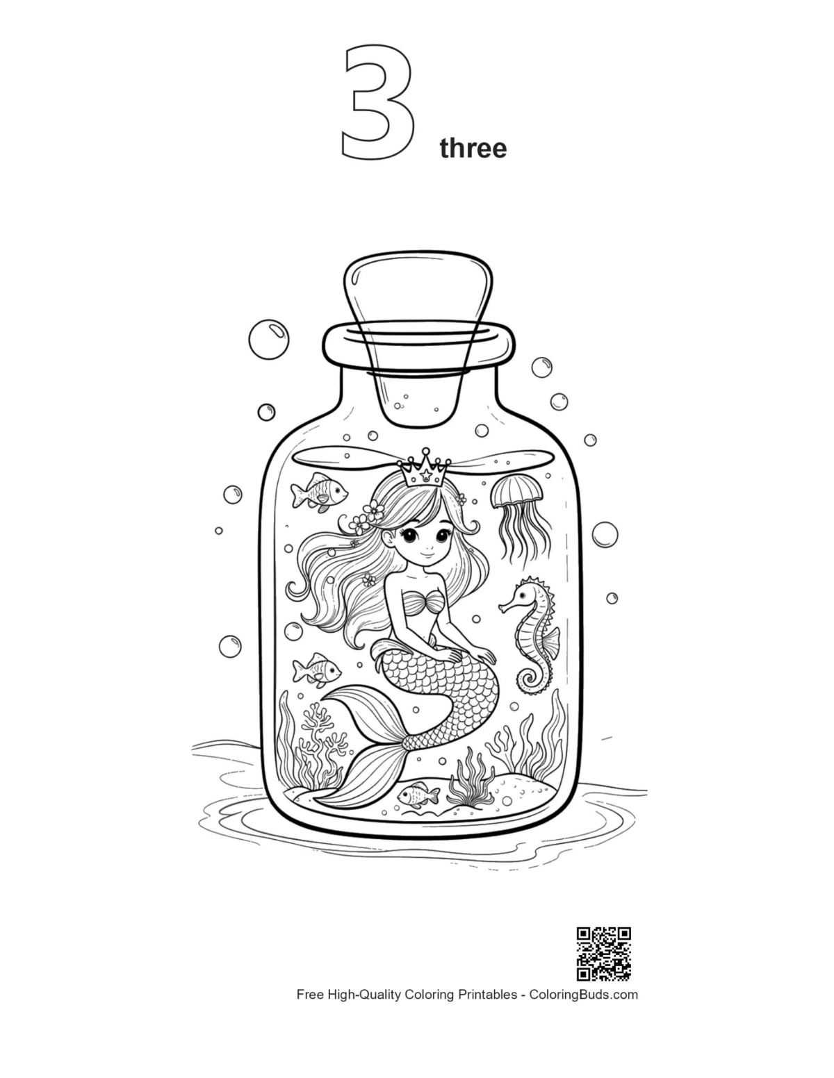 Cute mermaid princess outline number 3 printable