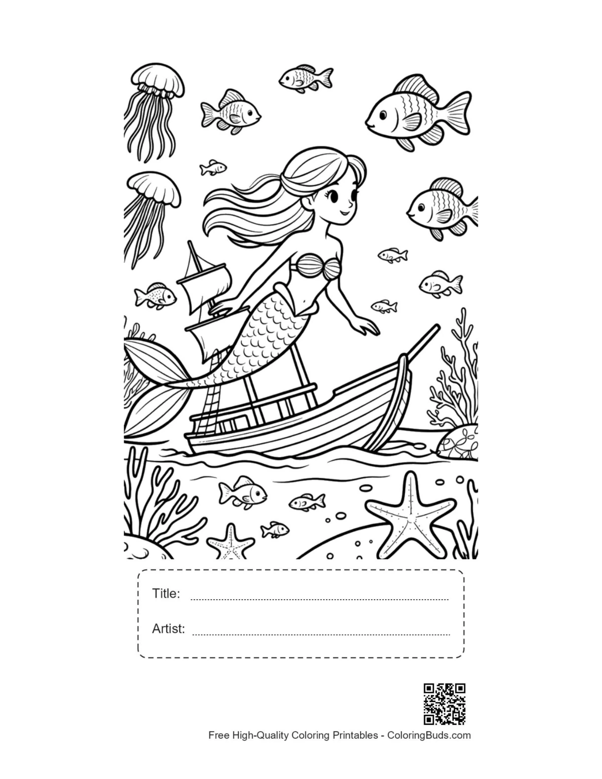 Cute mermaid princess treasure ship printable with title box