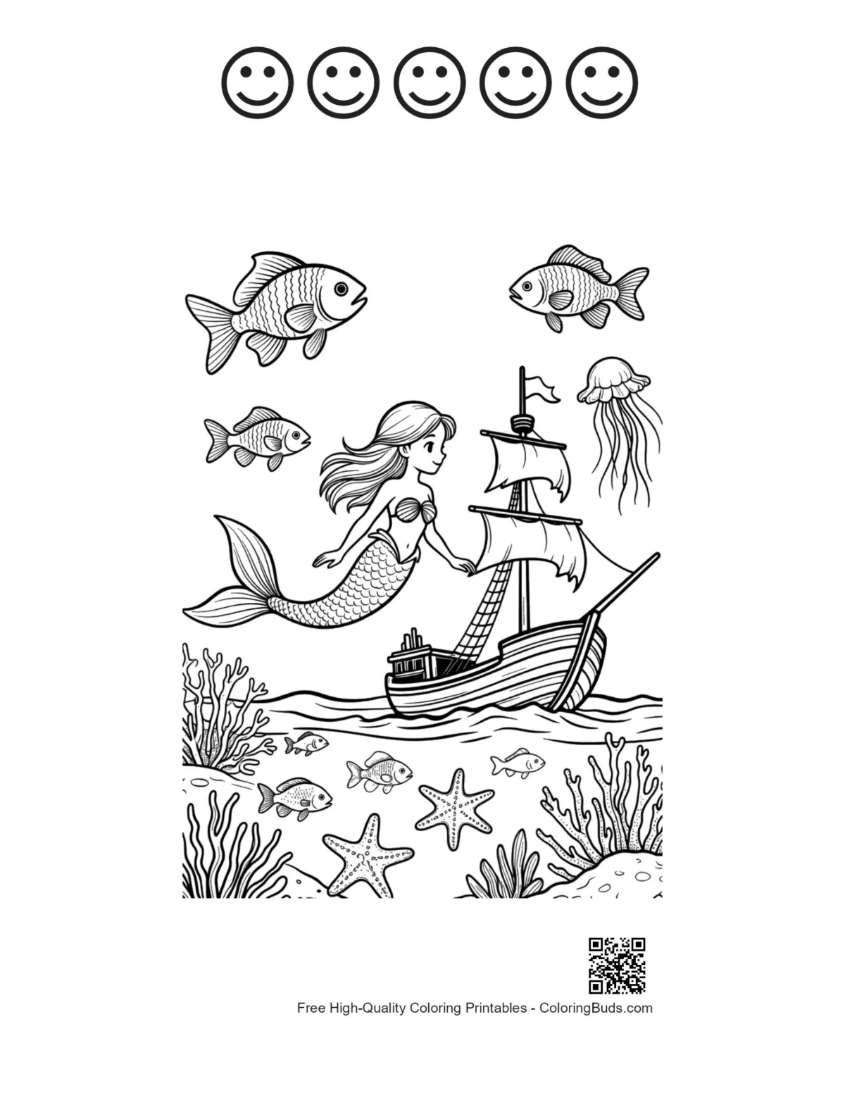Mermaid Princess coloring with 5 happy faces