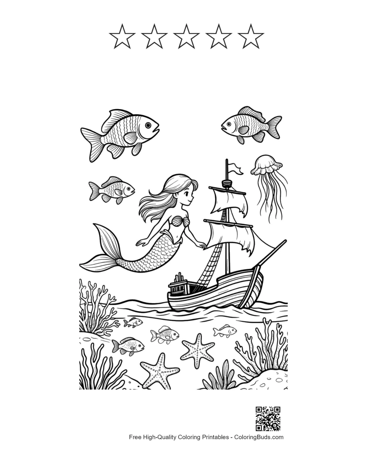 Mermaid Princess printable with 5 star outlines