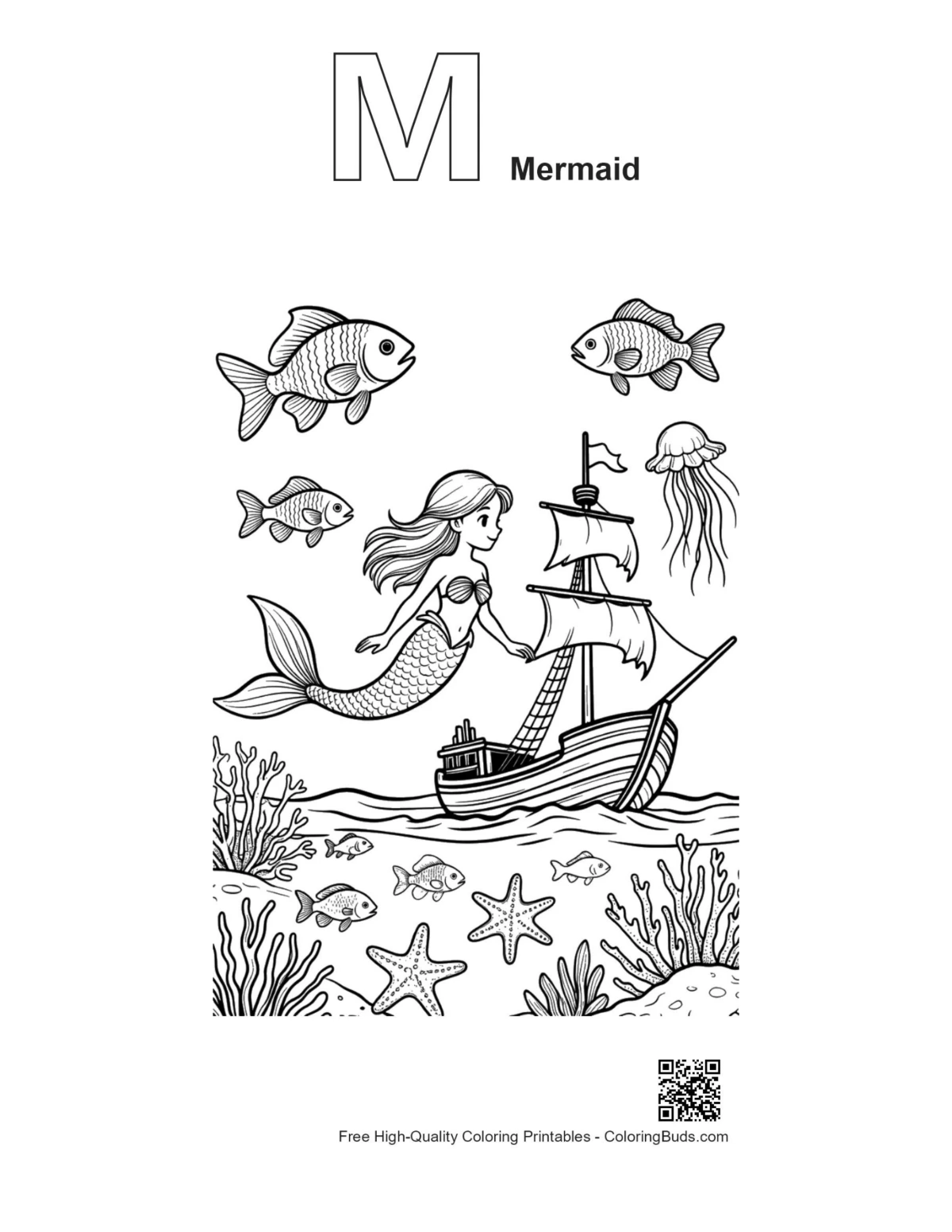 Alphabet M mermaid princess printable coloring page