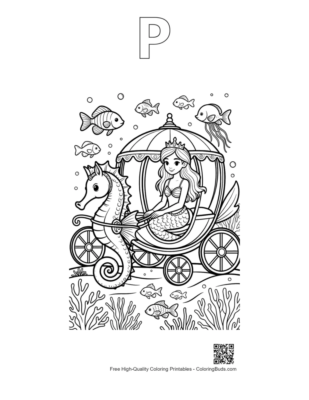 Mermaid Princess alphabet P outline printable