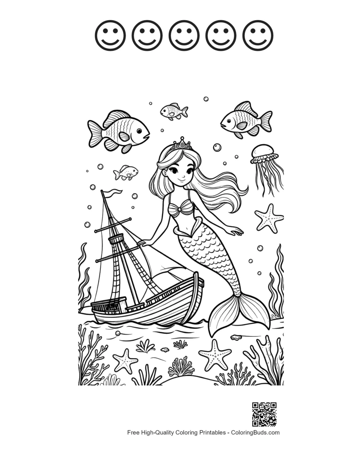 Easy mermaid princess with happy faces printable