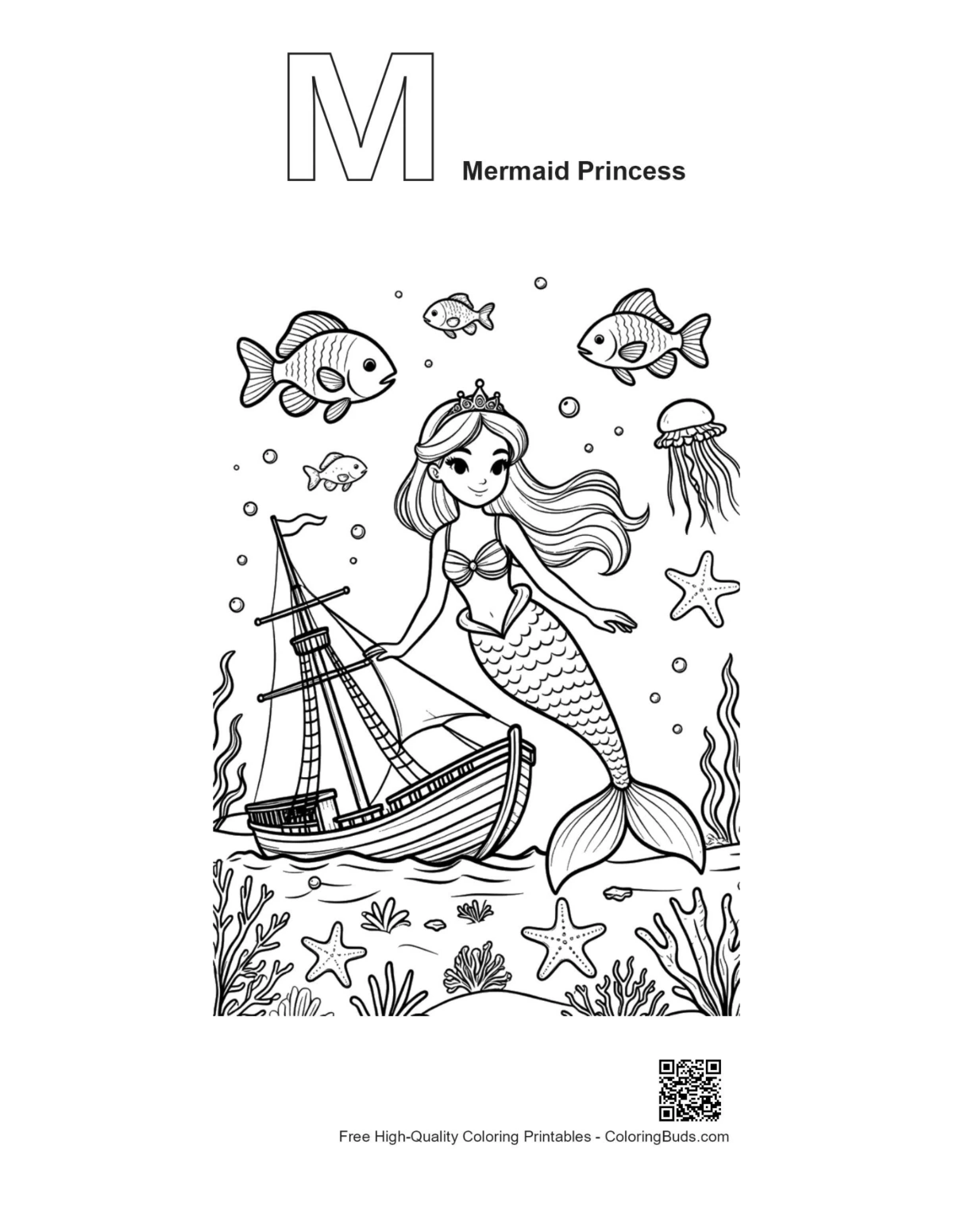 Mermaid princess coloring with alphabet M outline