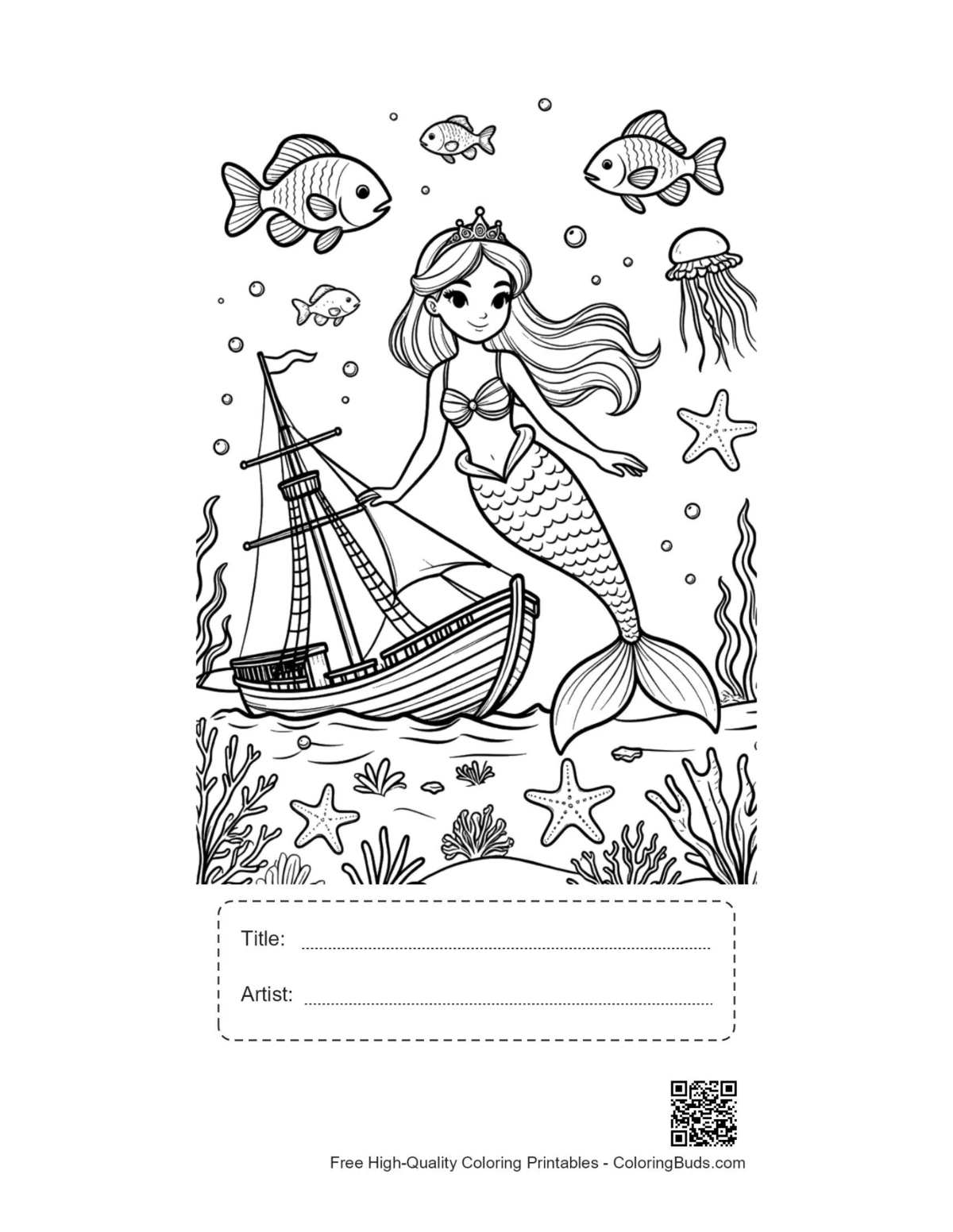 Easy mermaid princess printable with title box