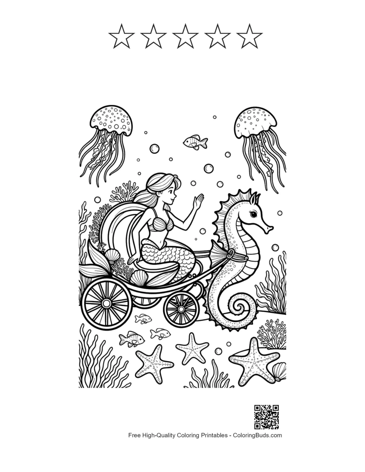 Elegant mermaid seahorse chariot with 5 star outline printable