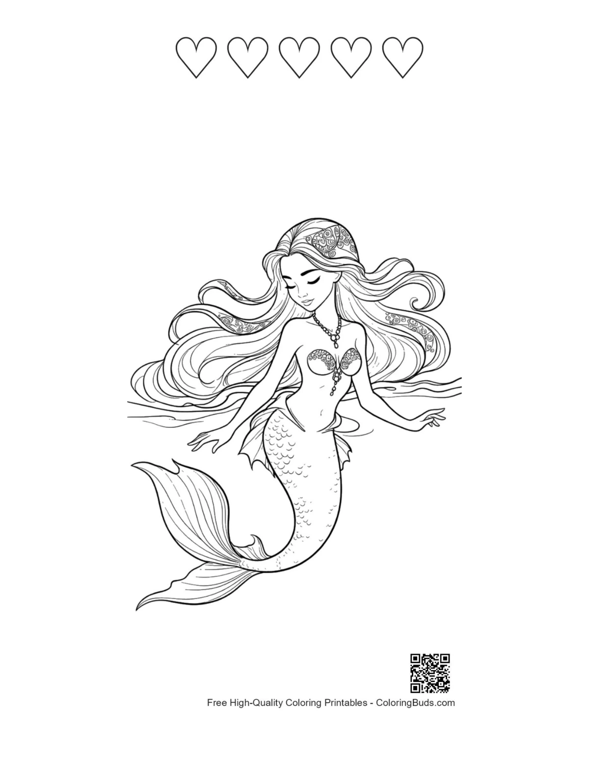Mermaid Princess page with heart outlines