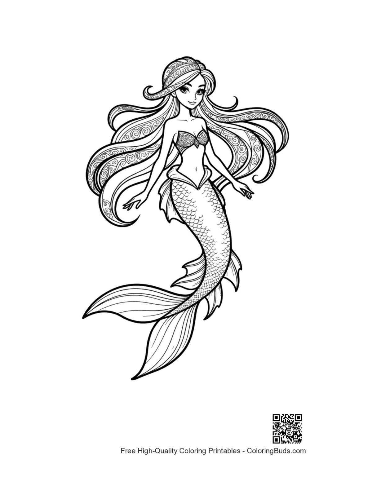 Enchanting Mermaid Princess line art coloring page