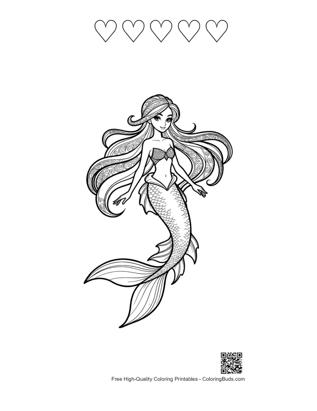 Mermaid Princess line art with heart outlines