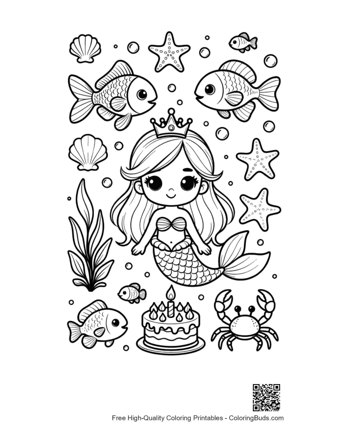 Joyful mermaid princess birthday cake coloring page