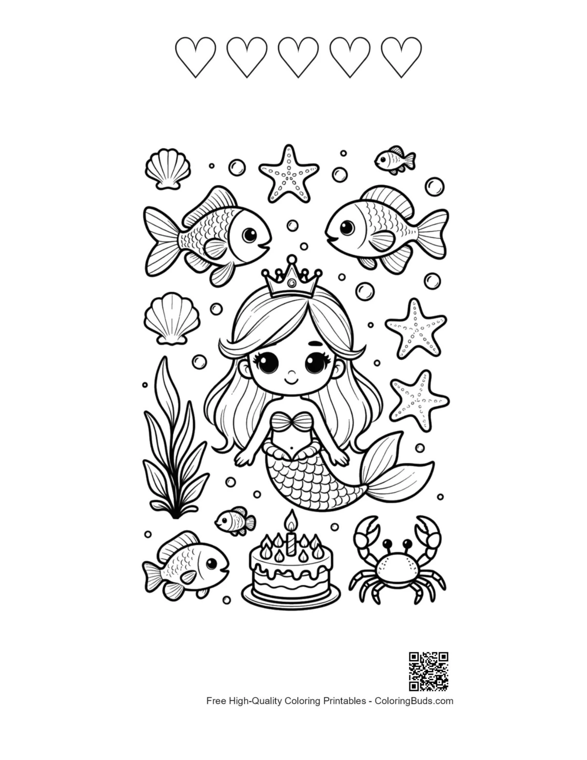 Mermaid princess cake hearts outline printable