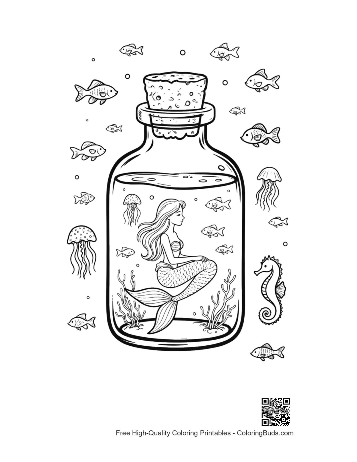 Little mermaid princess in magical glass jar printable