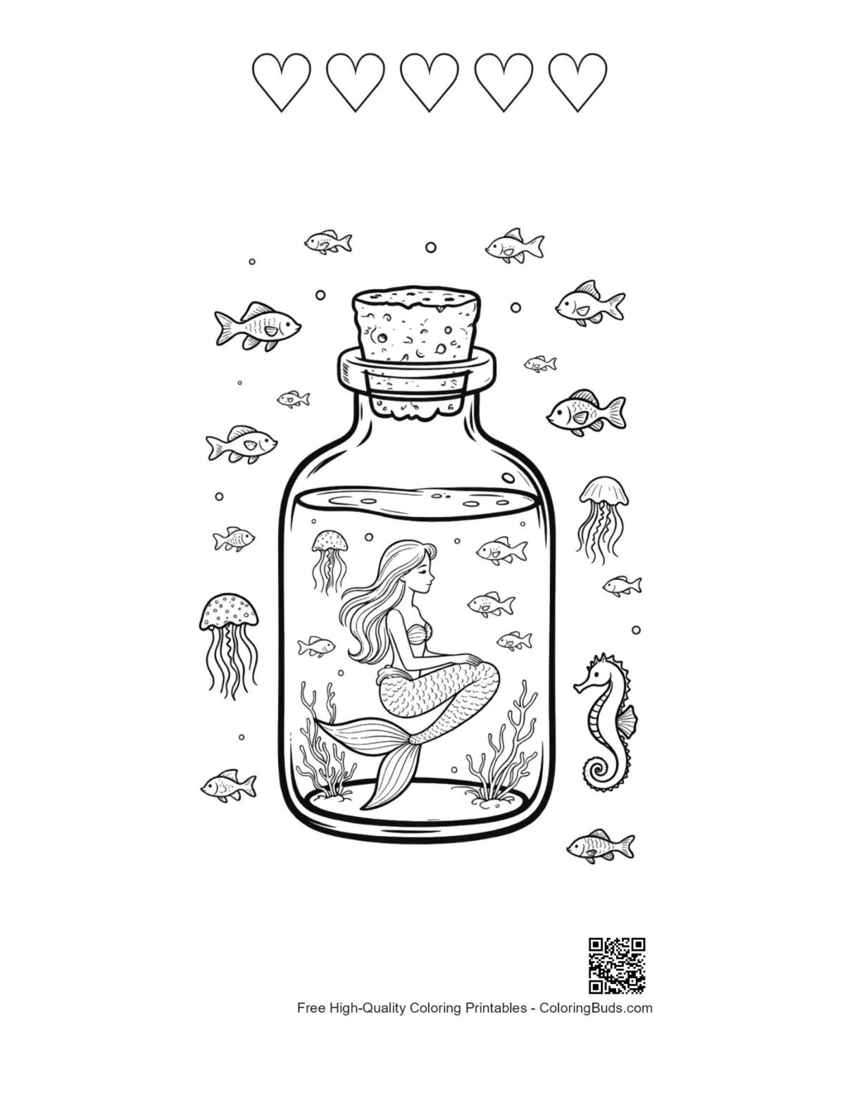 Mermaid Princess coloring pages with heart outlines