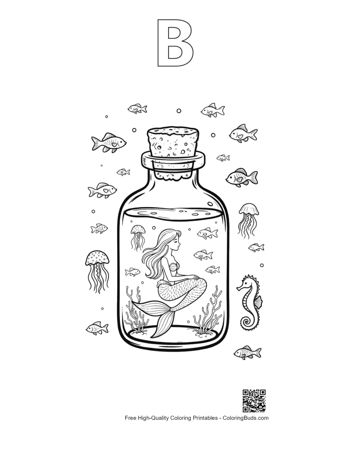 Mermaid jar printable with outline alphabet B
