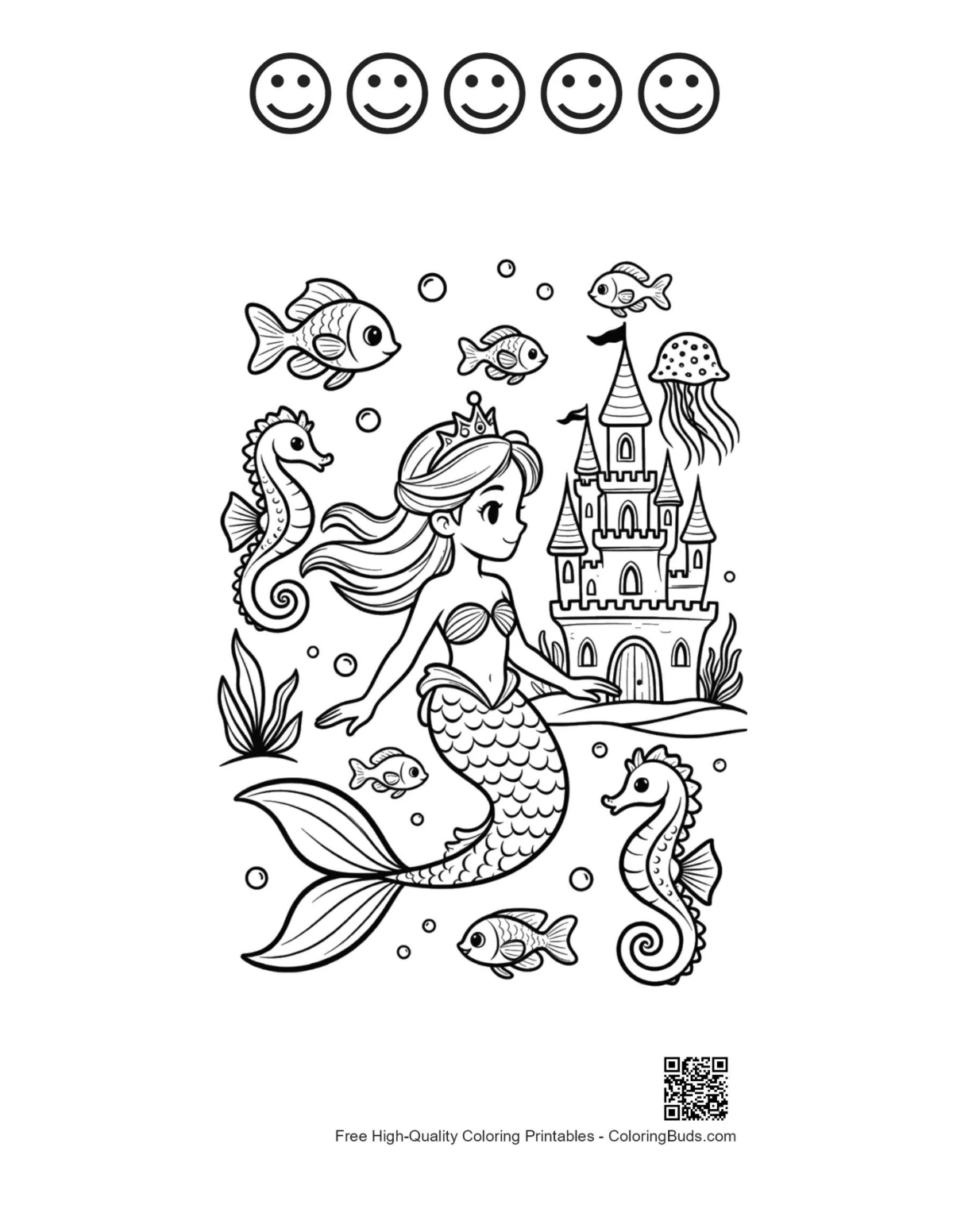 Mermaid princess with 5 happy face outlines printable
