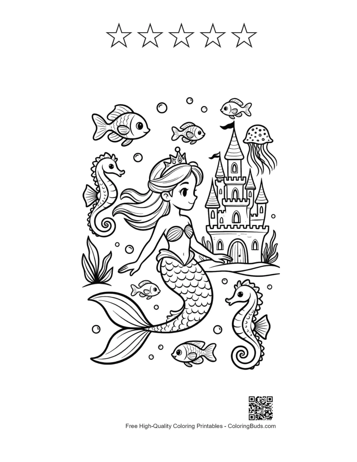 Mermaid princess printable with 5 star outlines
