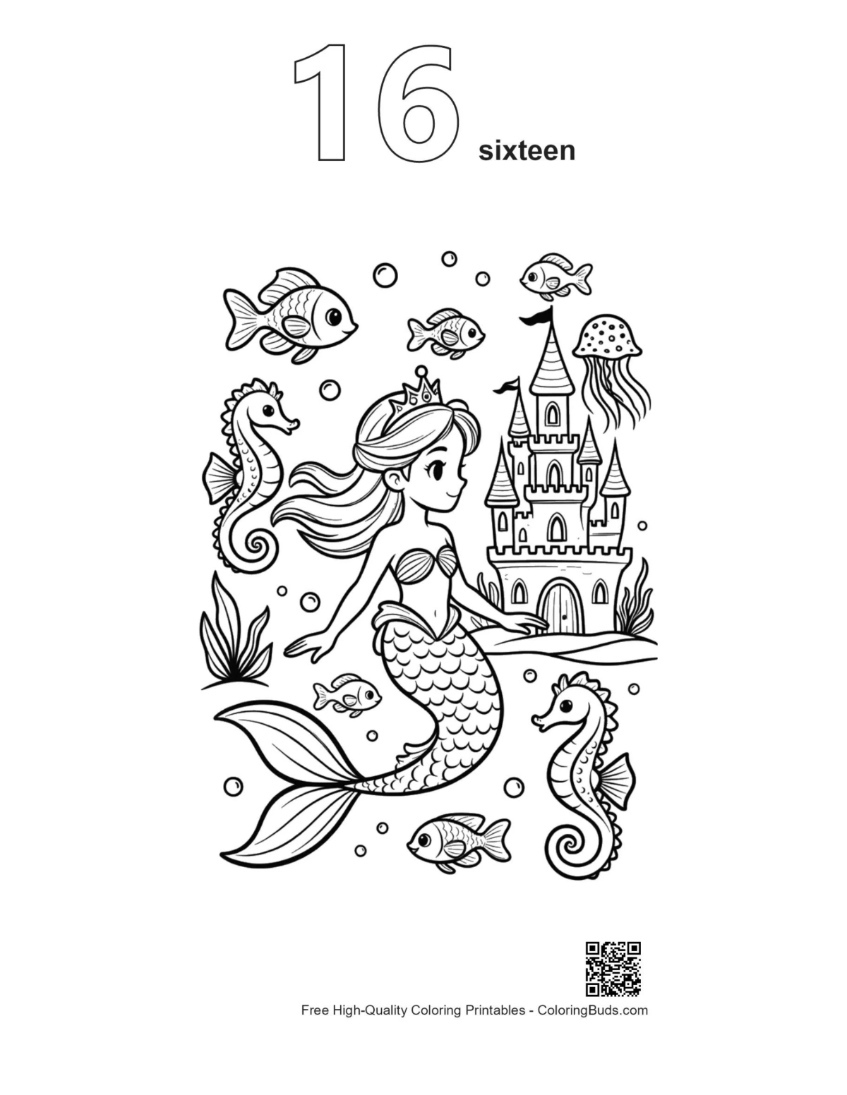 Mermaid princess sea castle outline version 16 printable