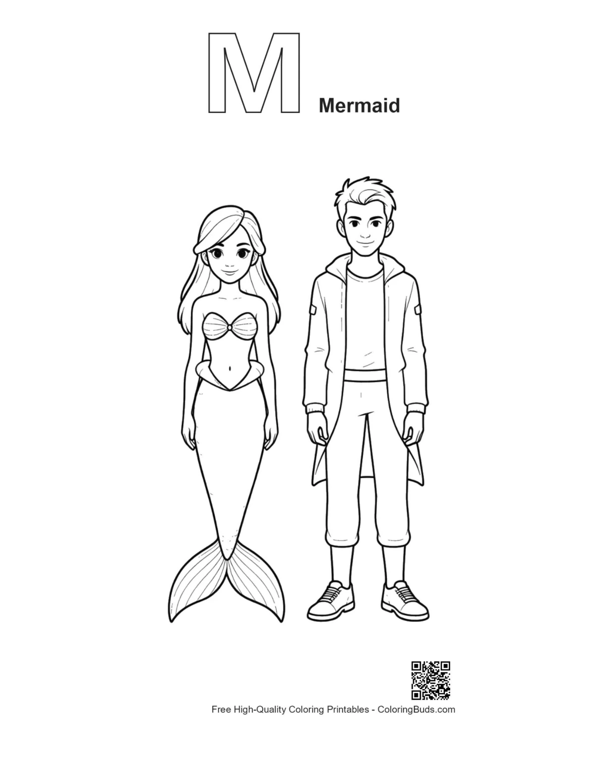 Mermaid Princess outline with alphabet M coloring page