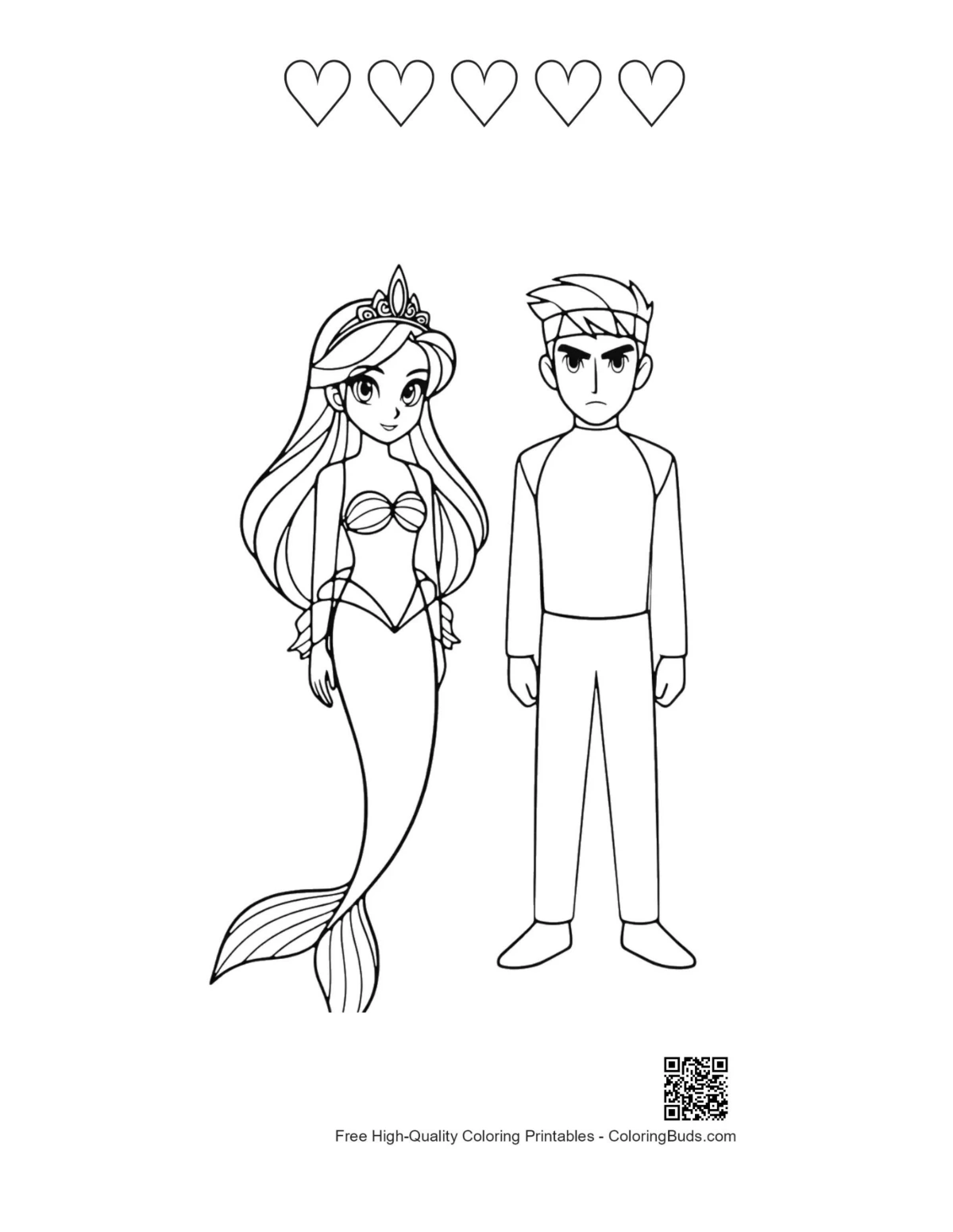 Mermaid Princess heart outline coloring sheet