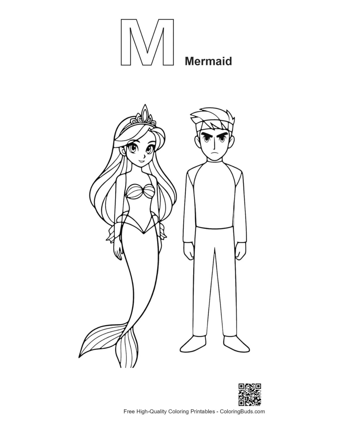 Mermaid Princess alphabet M outline coloring page