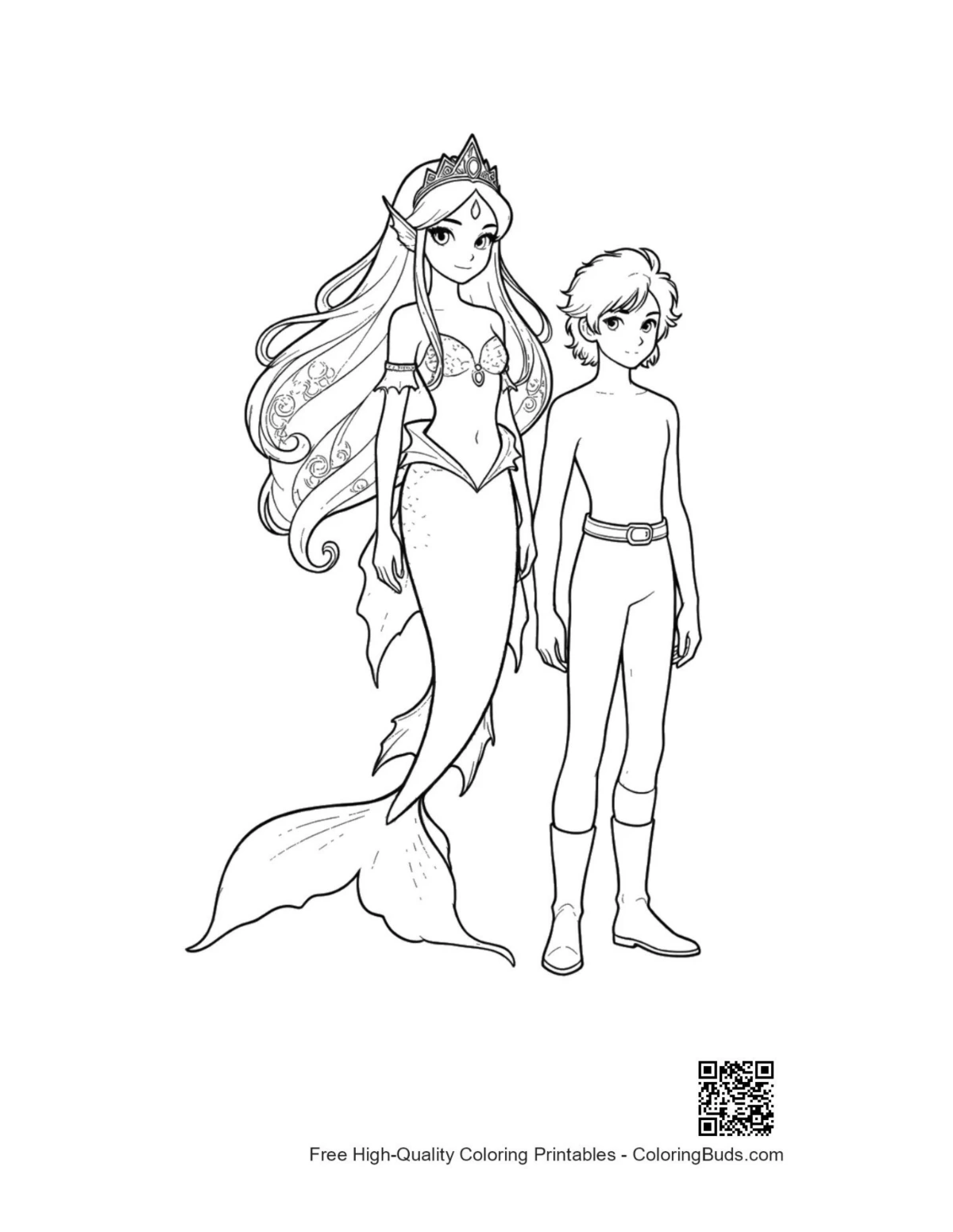Mermaid Princess and young boy standing together printable