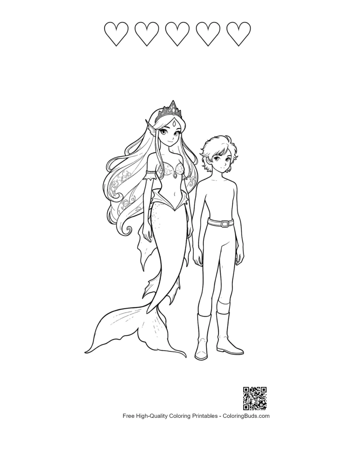 Mermaid Princess sheet with 5 hearts outline
