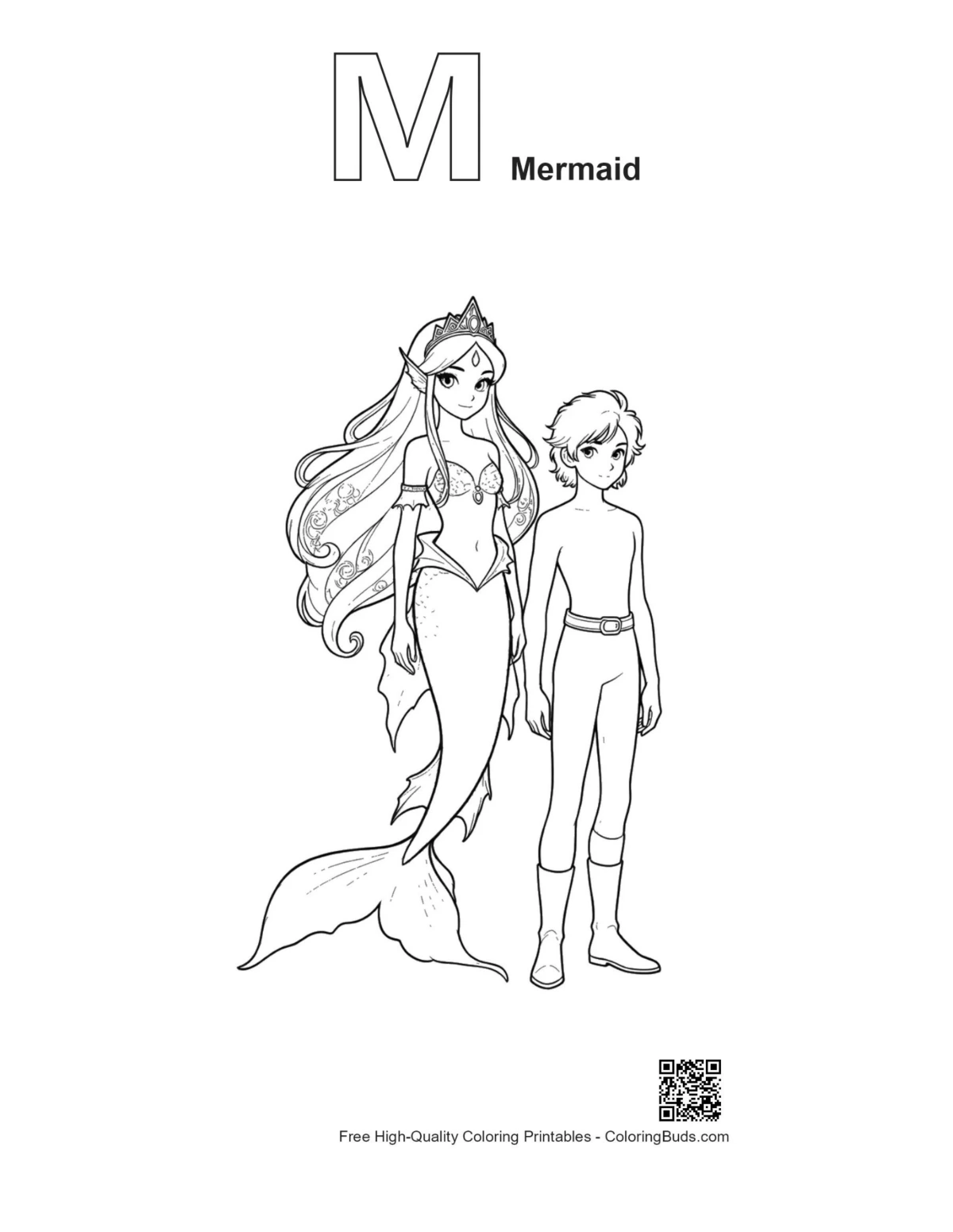 Mermaid Princess coloring page with M alphabet outline