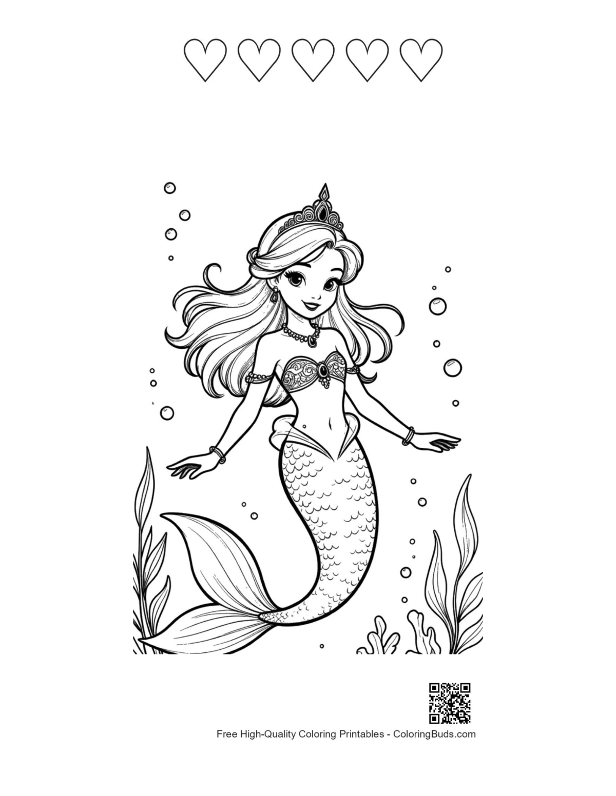 Mermaid Princess coloring with heart outlines