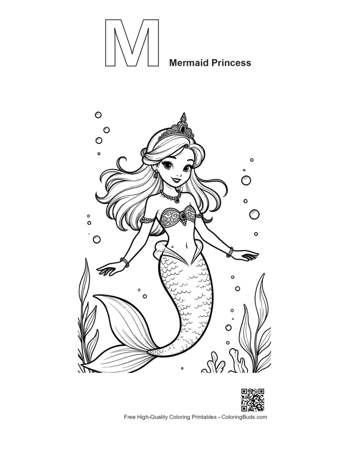 Alphabet M Mermaid Princess outline coloring page
