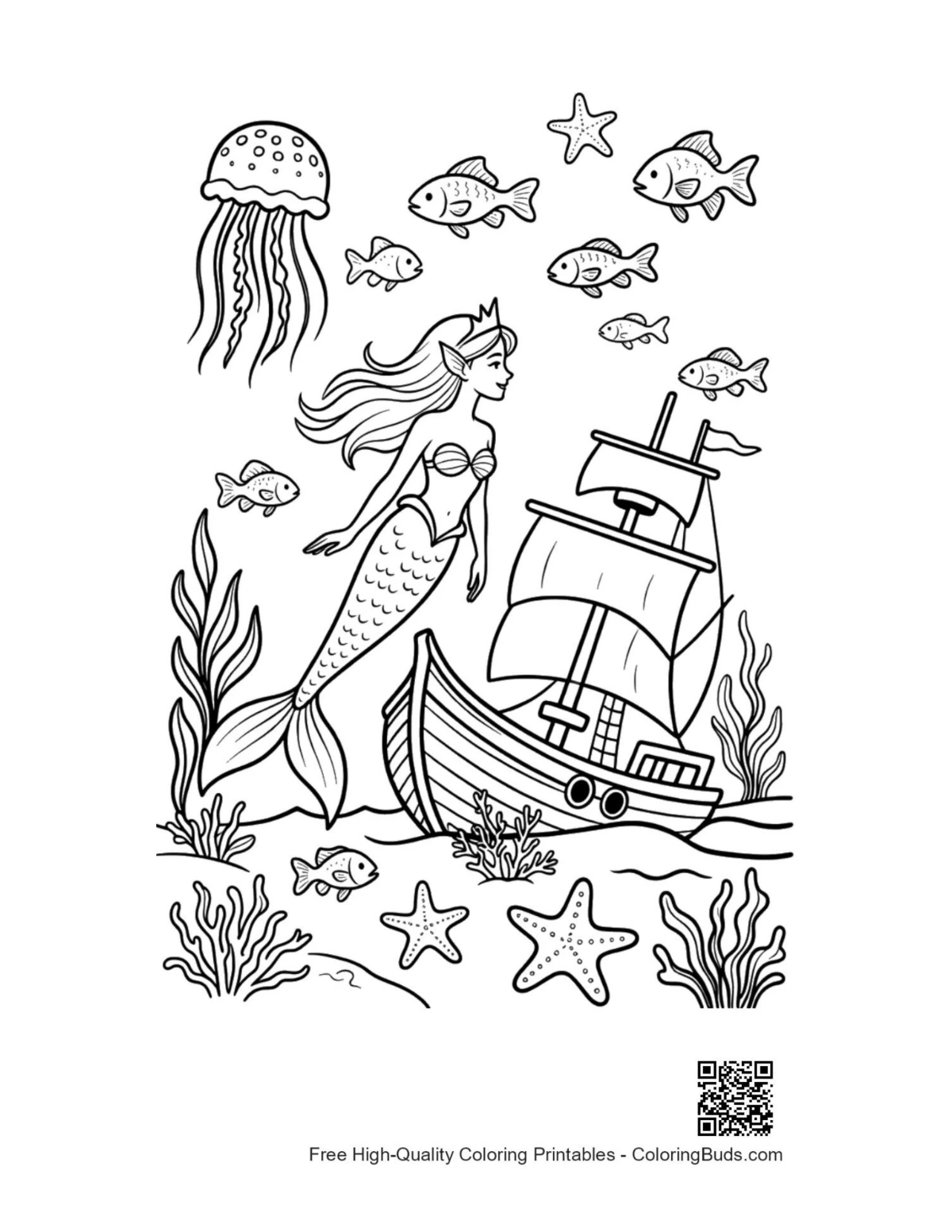 Mermaid princess coloring page printable