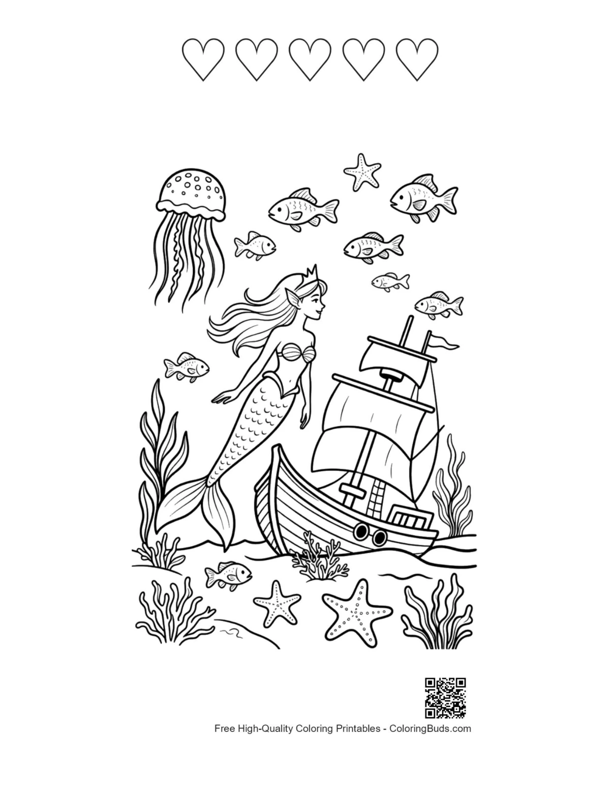 Printable mermaid princess hearts outline sheet