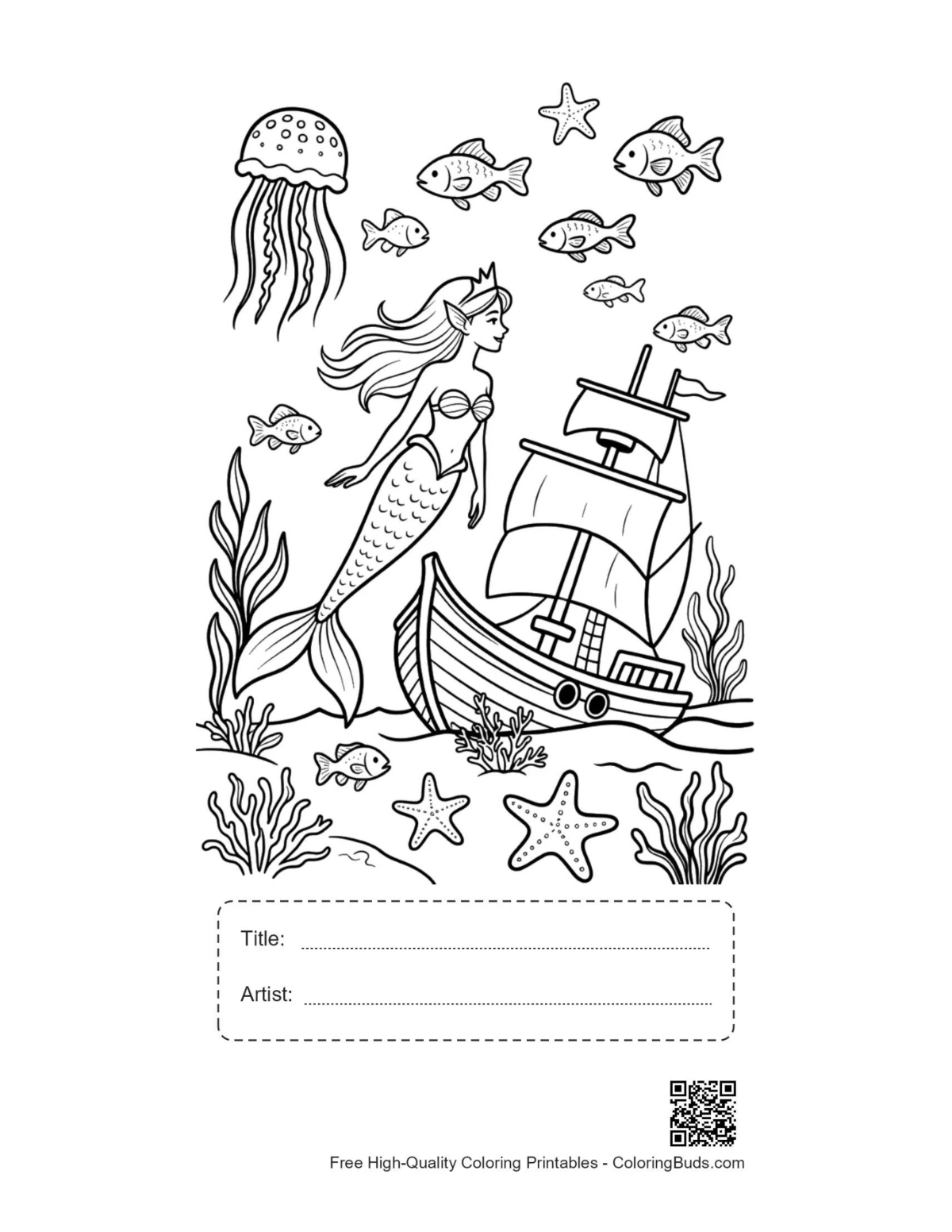 Printable mermaid princess sheet with title box