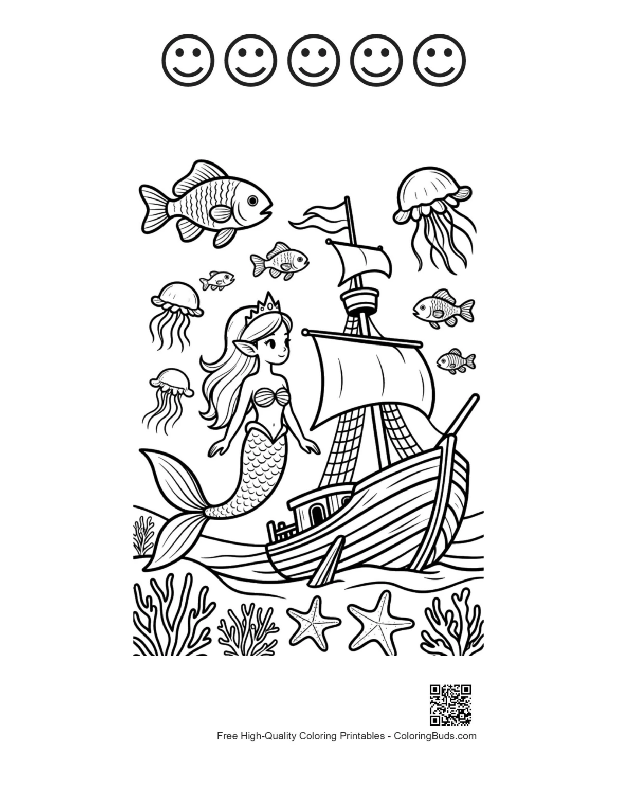 Mermaid Princess sheet with 5 happy faces outline
