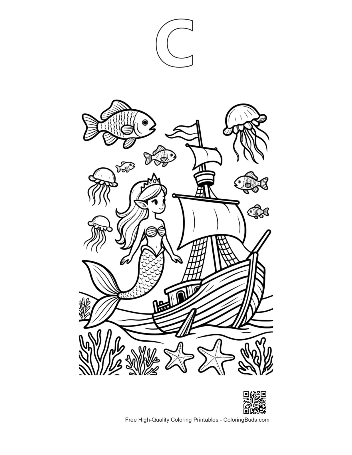 Mermaid Princess coloring outline with alphabet C