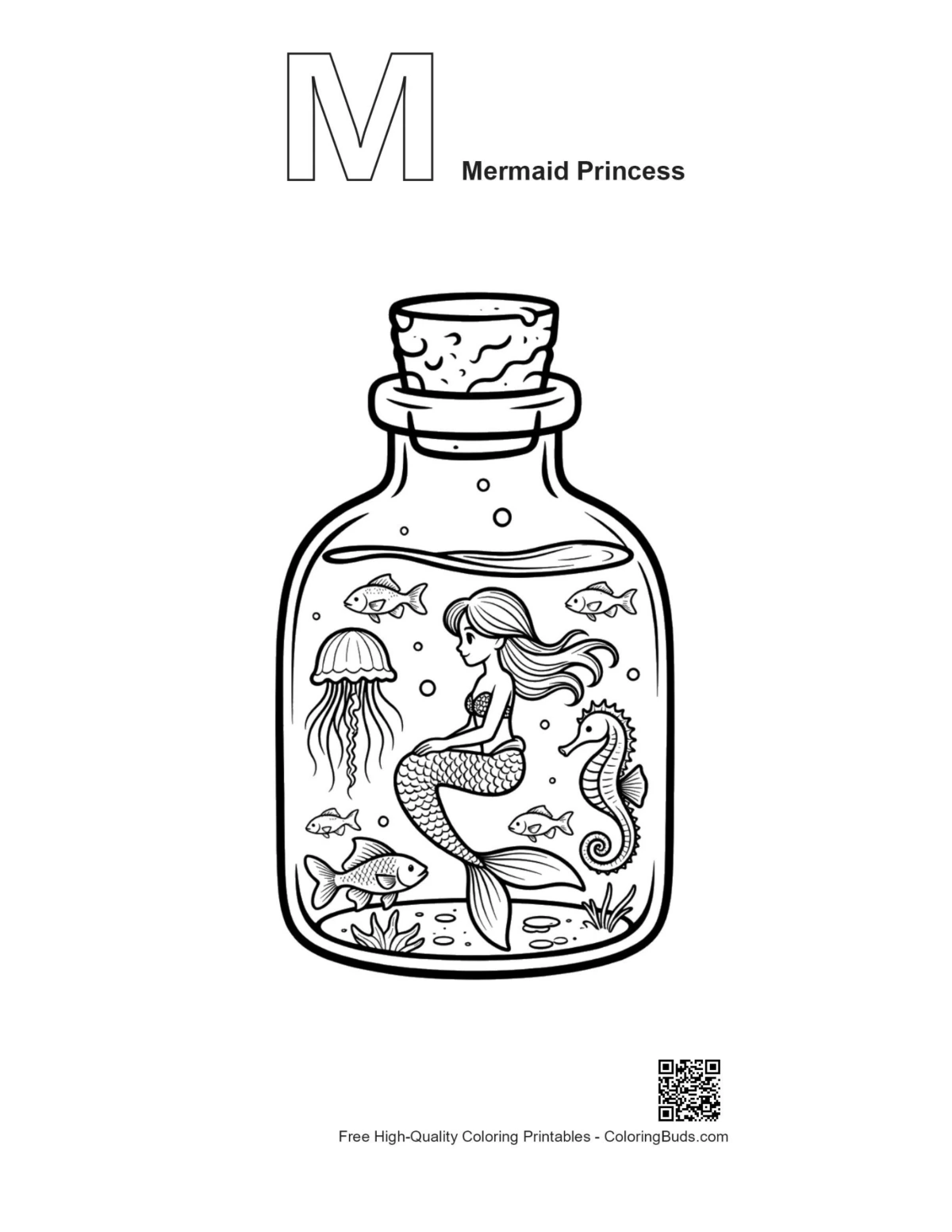 Alphabet M Mermaid Princess outline printable