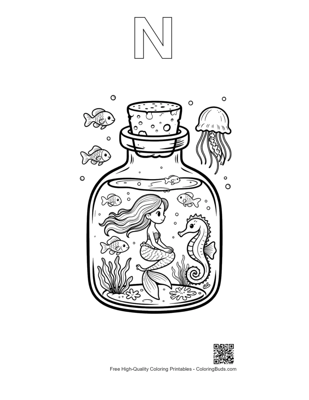 Mermaid princess alphabet N outline printable