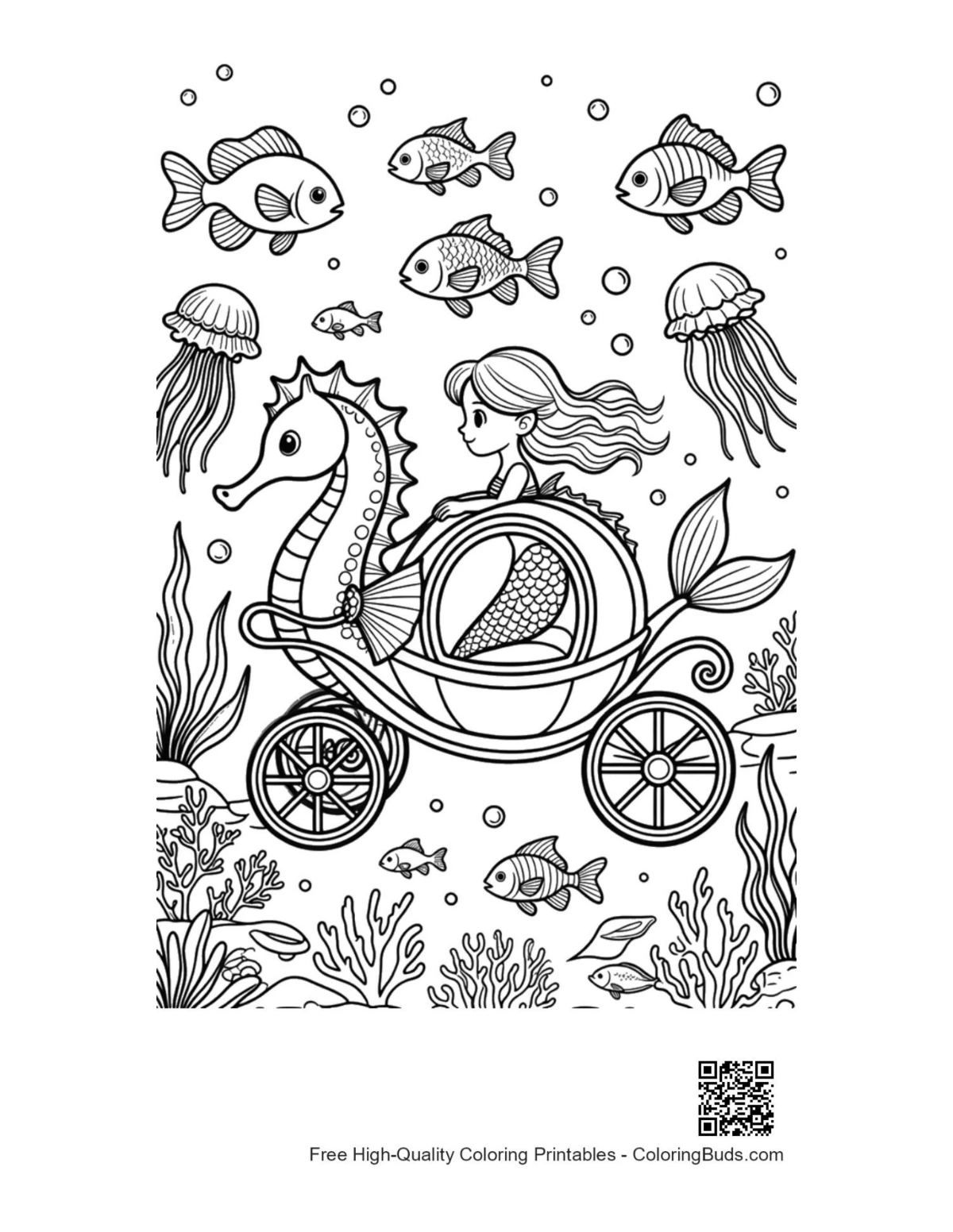 Ocean princess mermaid seahorse carriage coloring printable