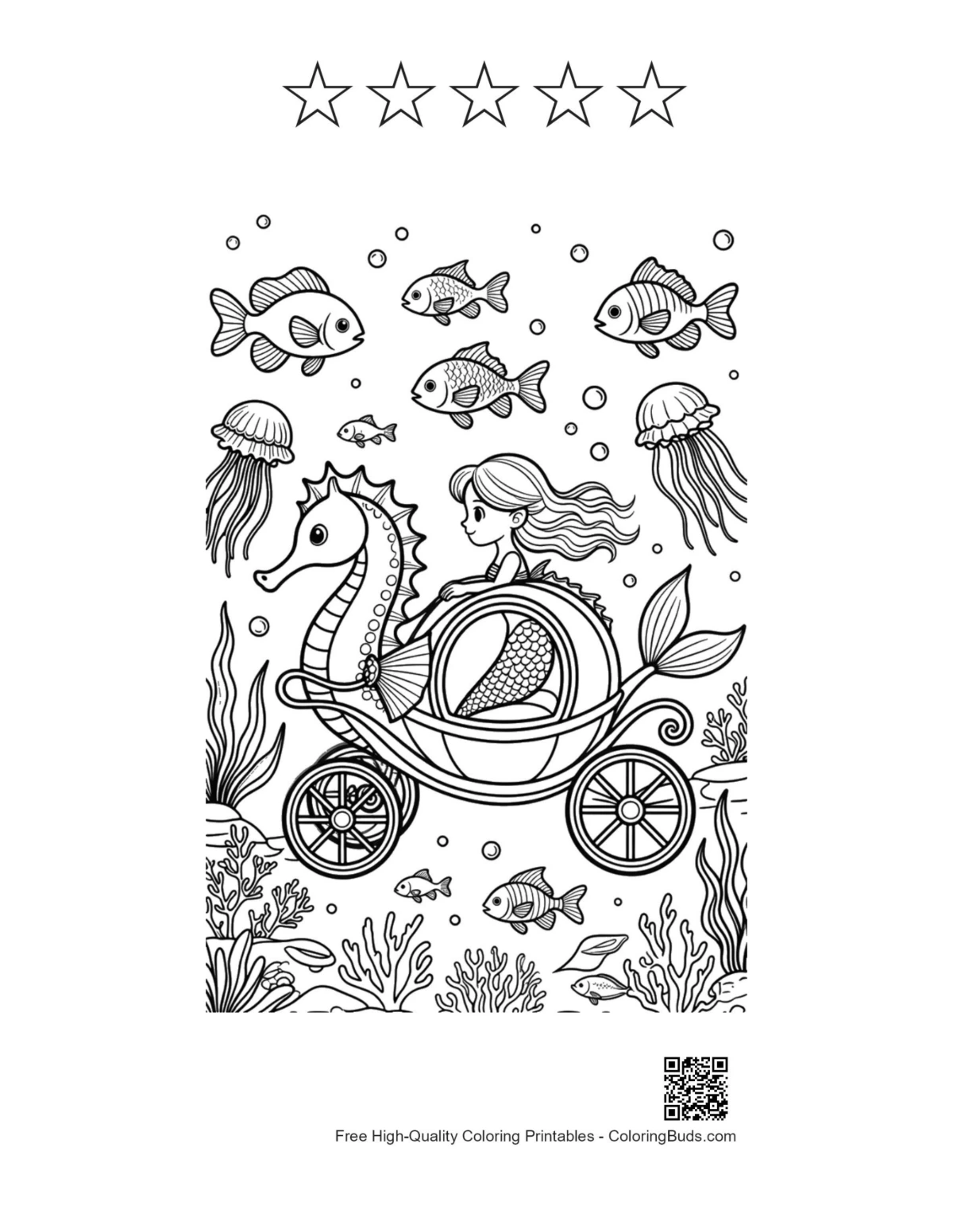 Seahorse carriage mermaid printable with star outlines