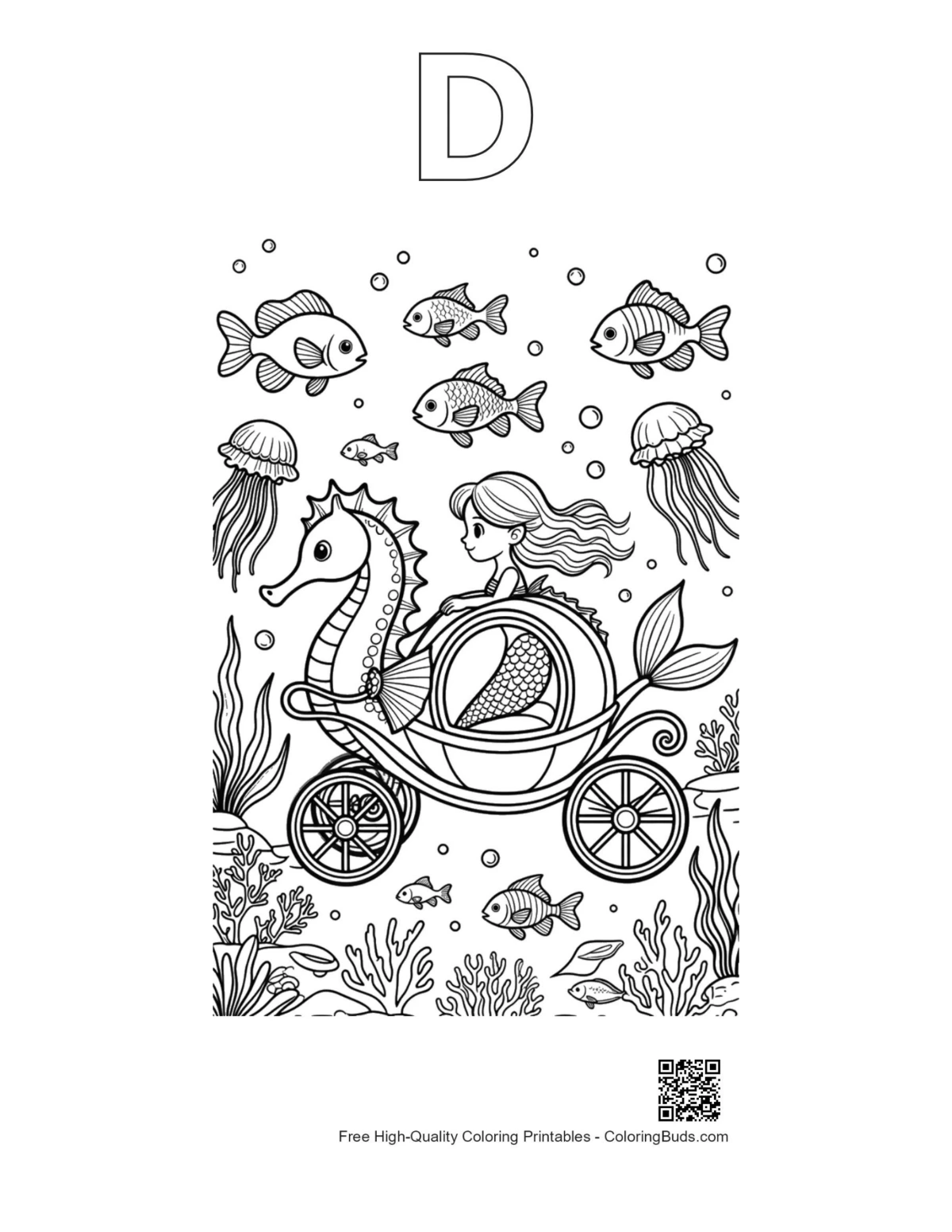 Mermaid carriage printable with alphabet D outline