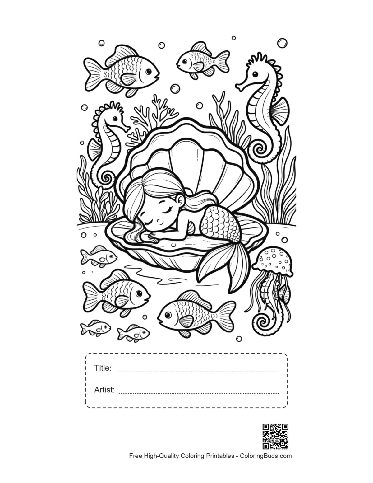 Sweet mermaid in pearl shell printable with title artist box