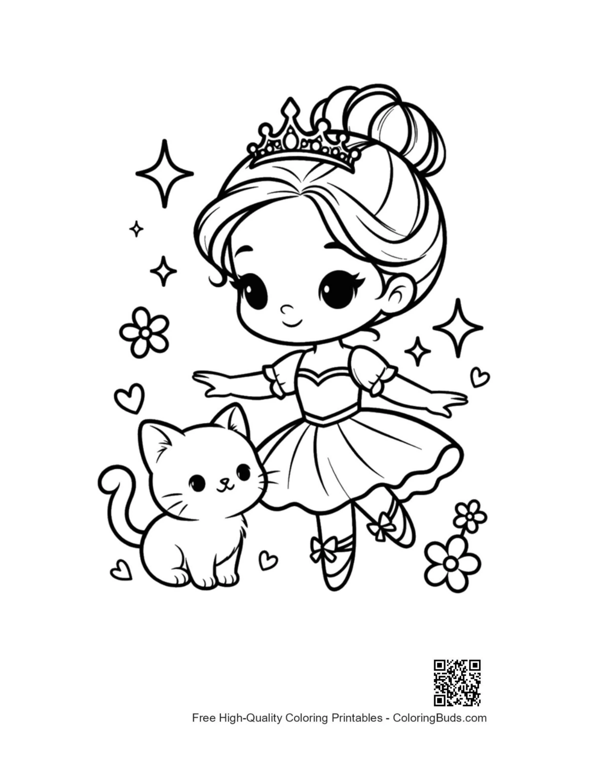 Adorable ballerina princess posing with pet kitten printable