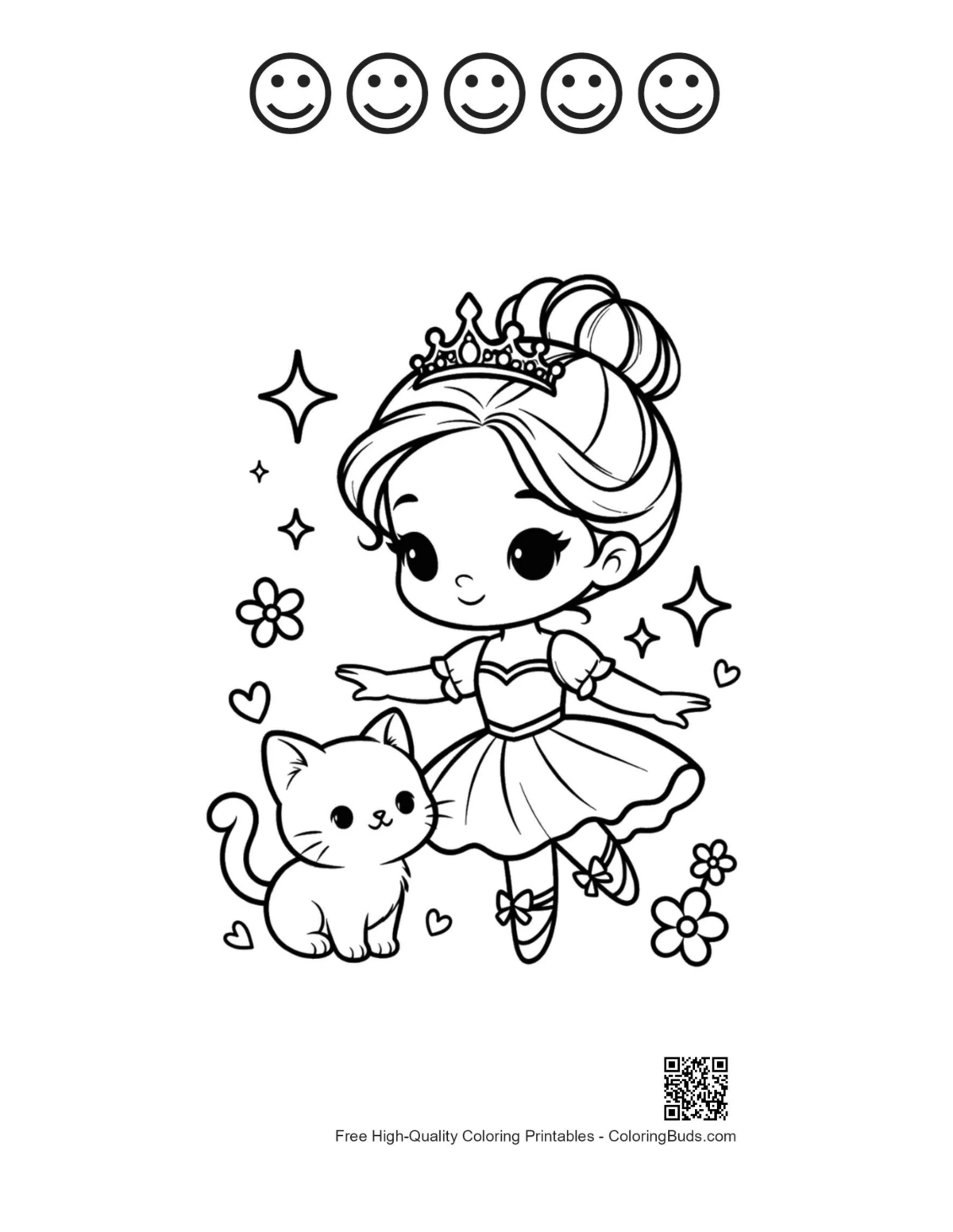 Ballerina princess kitten with 5 happy face outlines printable