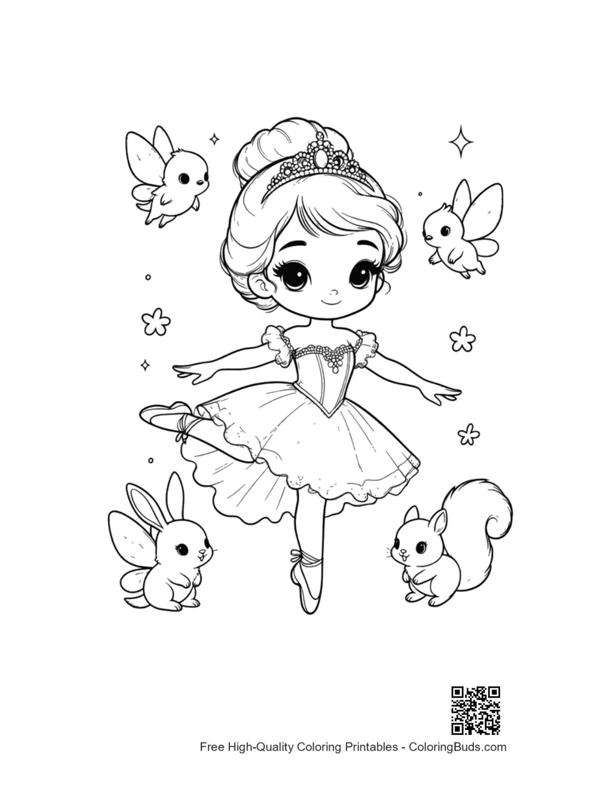 Adorable ballerina princess with bunny coloring page
